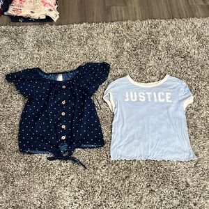Light blue crop top and a dark blue off the shoulder top
